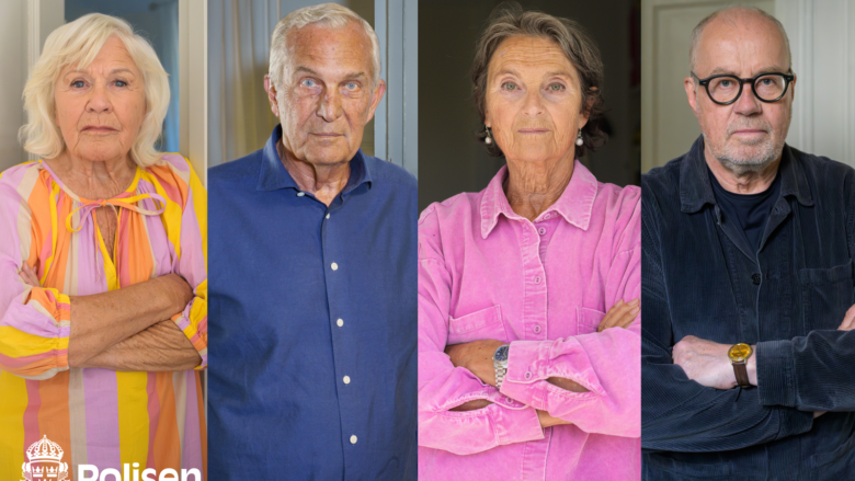 Christina Schollin, Claes Elfsberg, Suzanne Reuter och Lennart Jähkel medverkar i kampanjen. Bild: Polisen